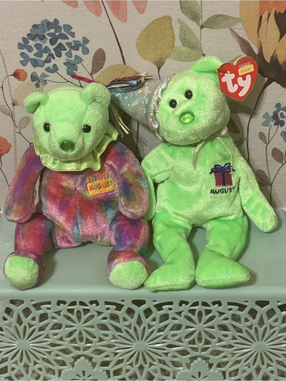 💎 Ty Plush Beanie Bears Neon Green 'August' Birthday Set